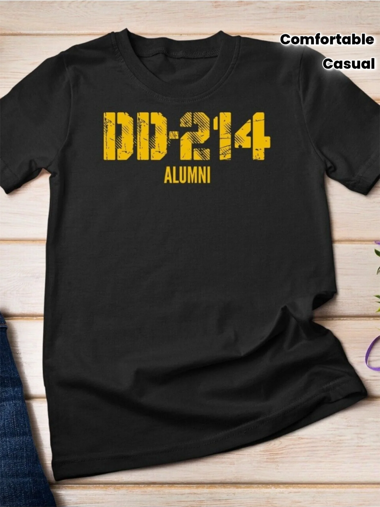 DD-214 Alumni Style Military Uniform T-Shirt | Black with Yellow Letters, Casual and Comfortable, Suitable for All Seasons, Perfect for Festivals and Casual Wear