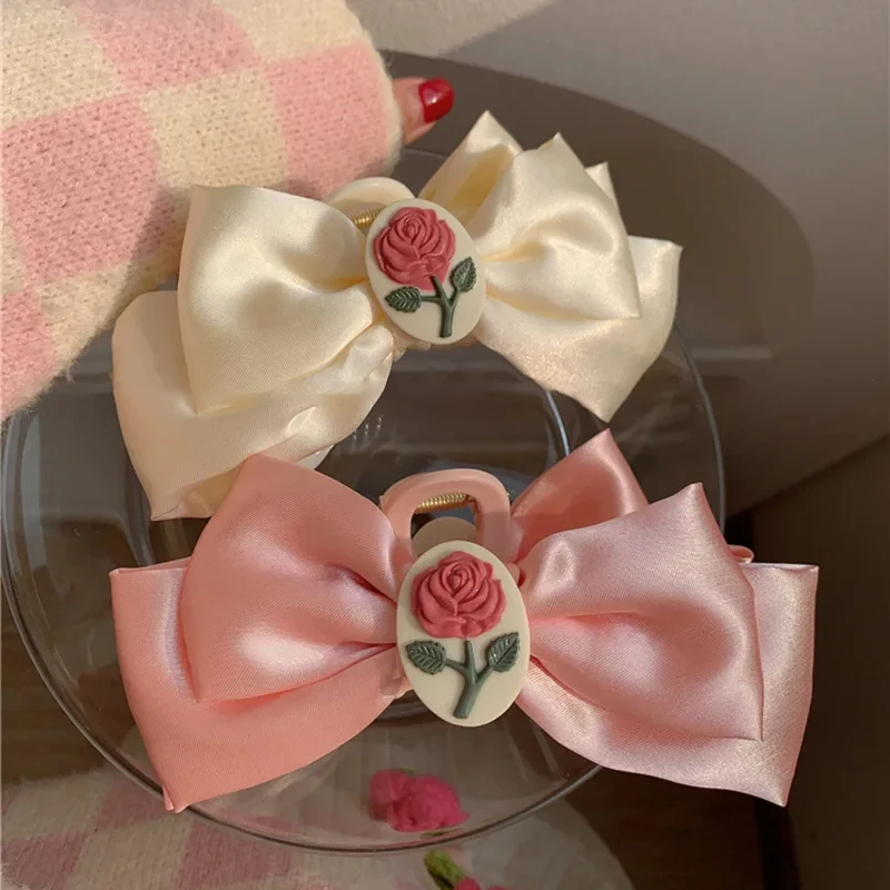 Rose Bow Hair Clip Women's Multi Colored Retro Matte Hair Volume Oversized Hair Grab Clip Sweet Temperament Outdoor Headwear