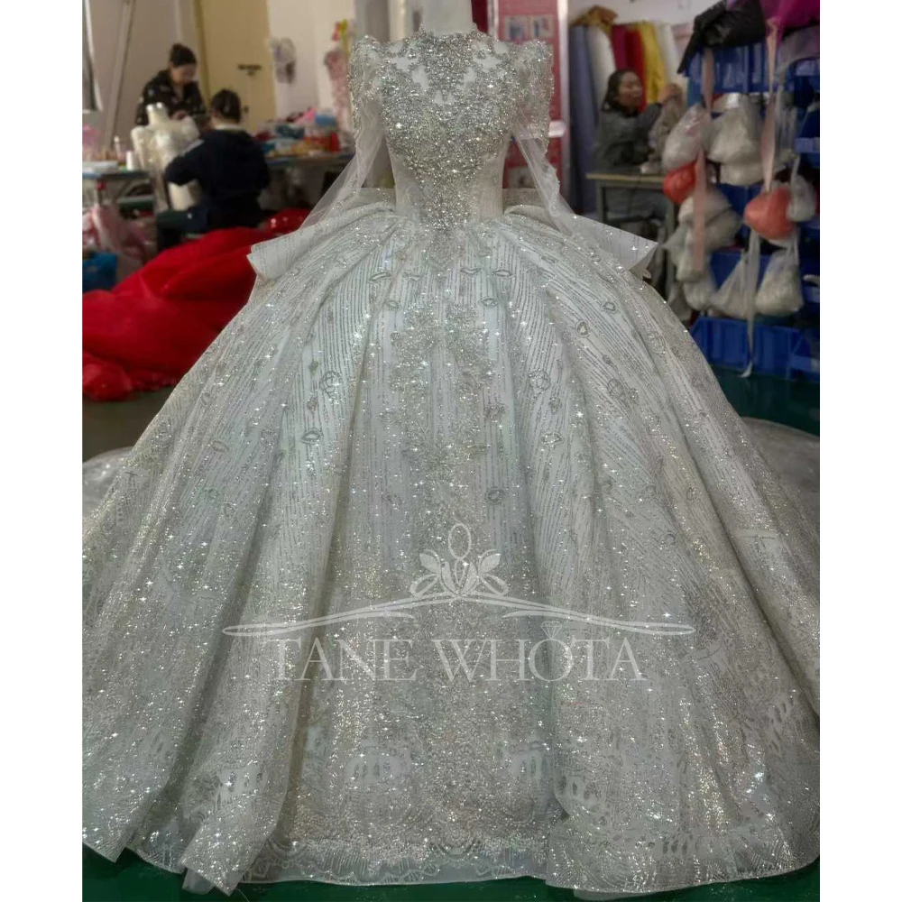 

Свадебное платье с кристаллами и блестками, с длинным рукавом и бантом, на шнуровке, с замочной скважиной сзади, бальное платье по индивидуальному заказу, Vestido De Noiva