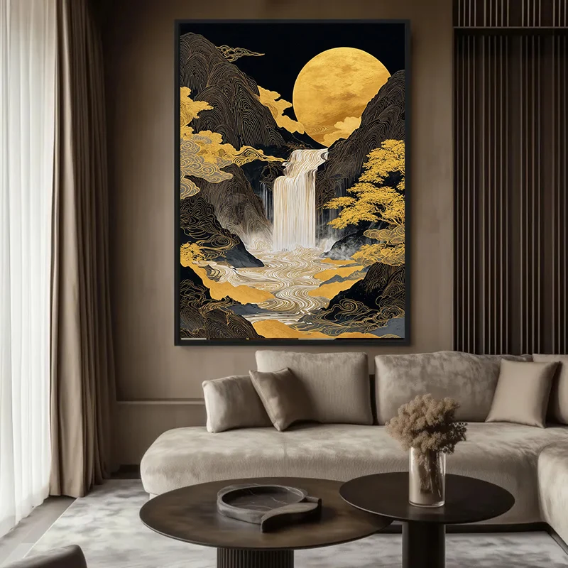 Golden Waterfall Landscape with Full Moon Mountain Wave Poster Canvas Painting Print Wall Art Picture for Living Room Home Decor