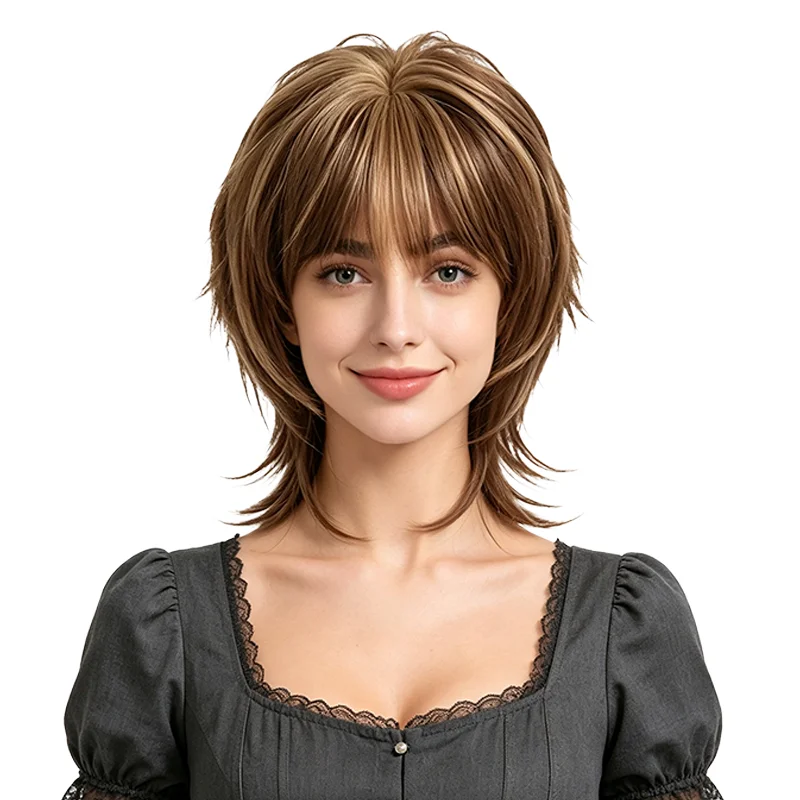 Brown Wig with Blonde Highlights Women Short Shaggy Mullet Wigs with Bangs Heat Resistant Synthetic Hair For Cosplay Party Daily