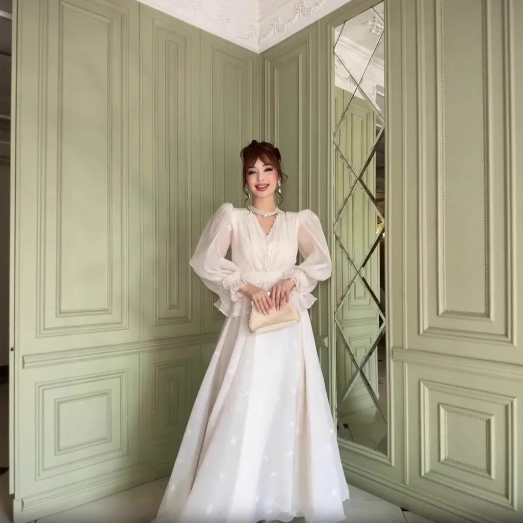 

Full Dress Women Party Maxi Dresses Formal Evening Gown Pearls Ruffles V Neck Puff Sleeve Vestidos Female Autumn 2025 A Line