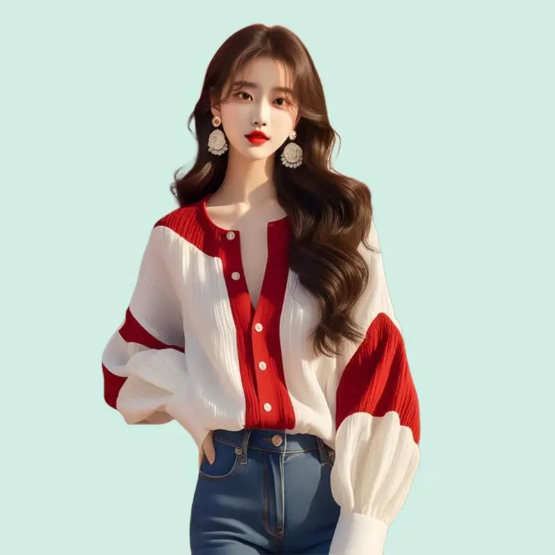 2026Spring Autumn New Women Fashion Design Vneck Red White Contrast Lantern Sleeve Chiffon Shirt French Light Luxury Unique Tops