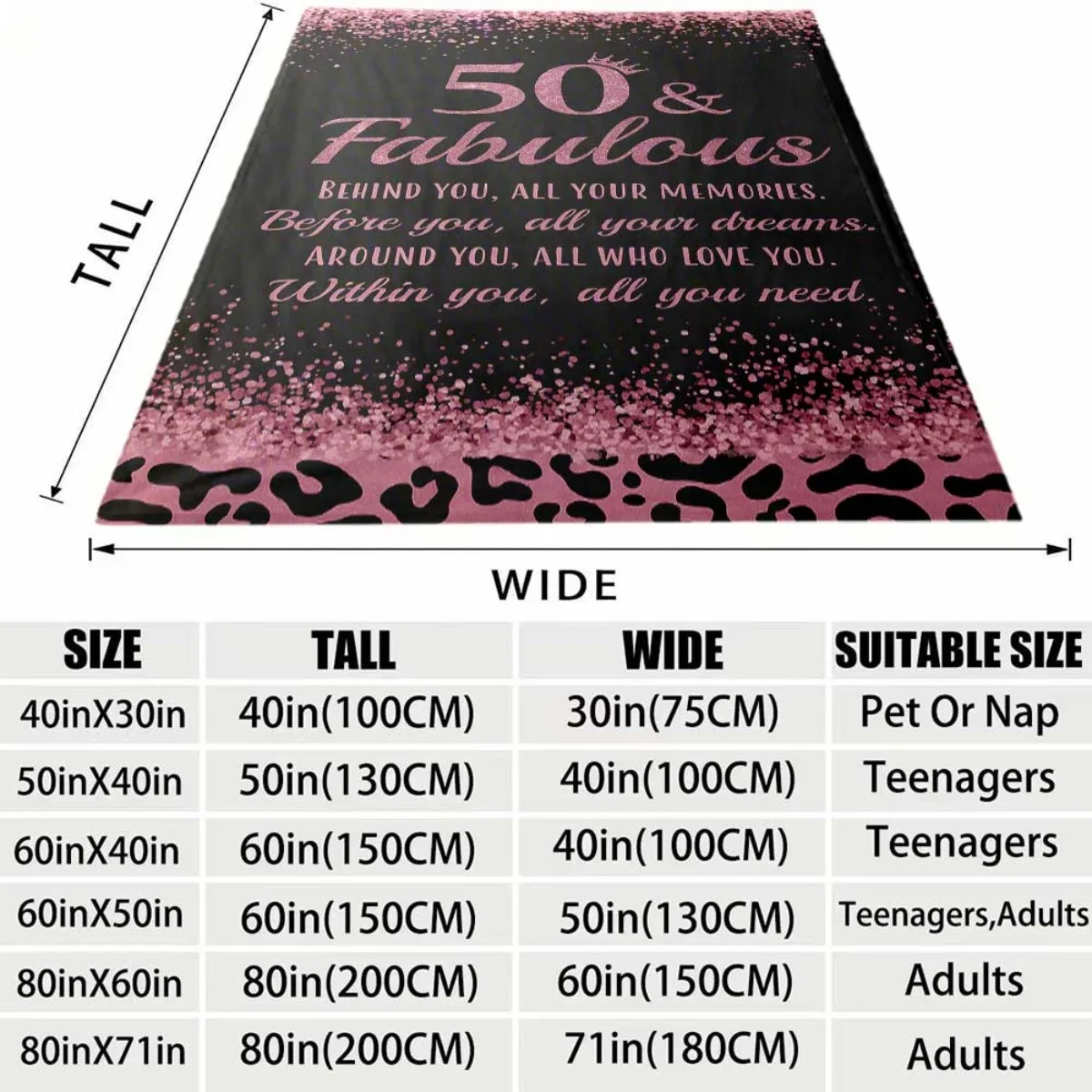 Pink Glitter Slogan Leopard Trim Black Background Flannel Throw Blanket, Warm Cozy Blanket, Luxury Birthday Gift For 50 Year Old