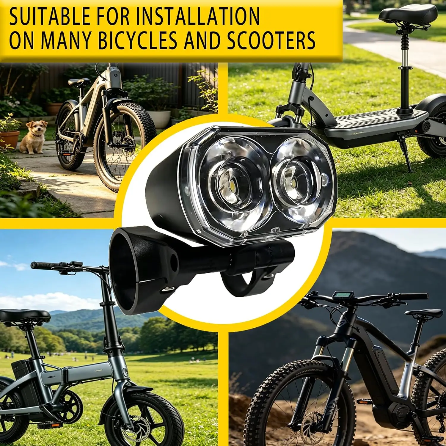 24V-60V handlebar-mounted ebike headlight with horn, waterproof 2/3-pin male/female connector for e-bike controllers