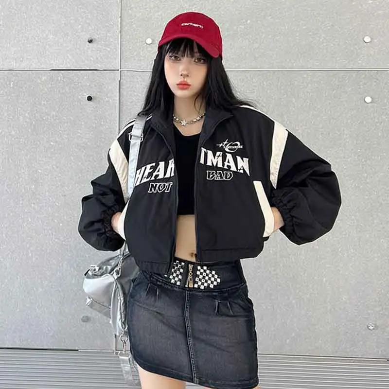 Y2K Letter Embroidery Women Short Jackets Fall Loose Hip Hop Long Sleeve Zipper Bomber Coat Korean Streetwear Casual Outwears