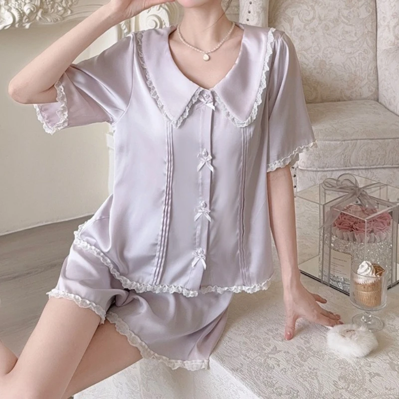 

Large Size New Pajamas Women's Summer Short-sleeved Shorts Two-piece Set Lace Lace Fresh Girl Solid Color Home Clothes