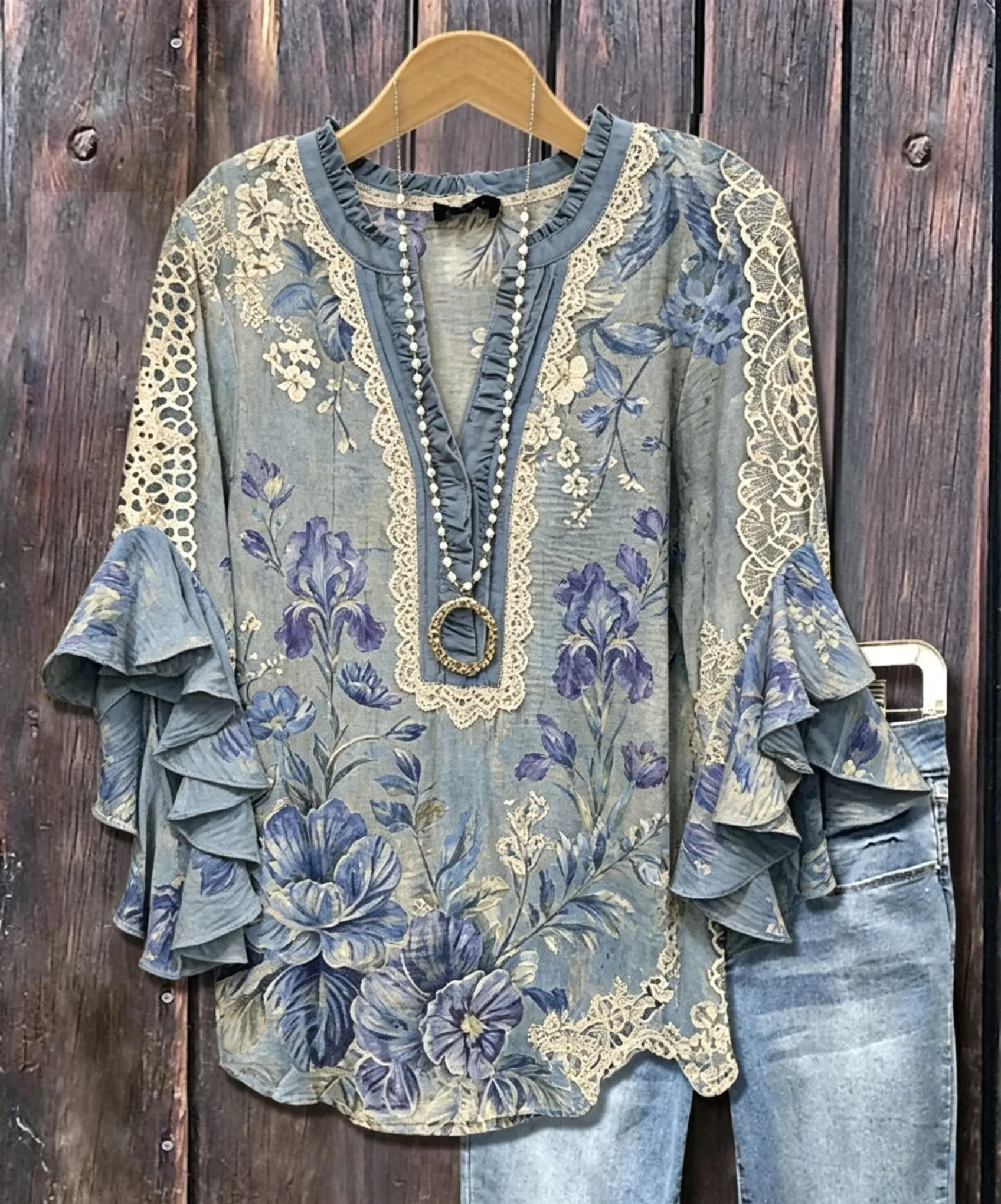 Women's Ruffle Sleeve Floral Lace Trim V Neck Casual Blouse Elegant Daily Tops for Spring Summer
