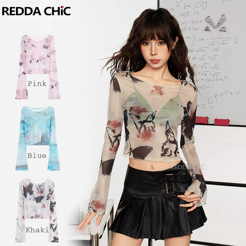 ReddaChic Aesthetic Print Mesh Crop Top Women Sheer Stretch Frill Trim Grayu Y2k Long Sleeves T-shirt Summer Vintage Clothes