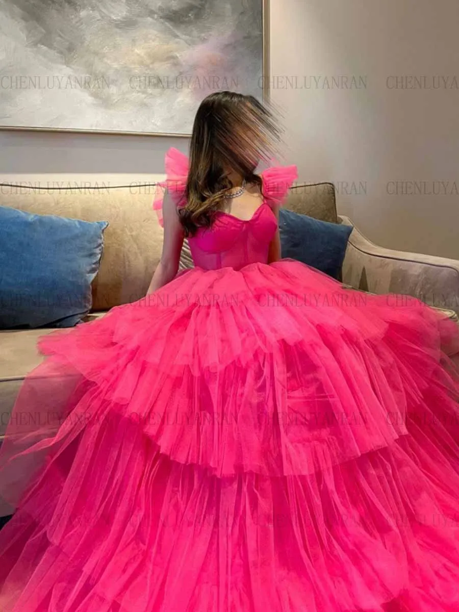 Hot Pink Fashion Formal Occasion Dresses 2023 Sweetheart Tiered Long Party Dress Tulle A-Line Sexy Evening Gowns فساتين حفلات