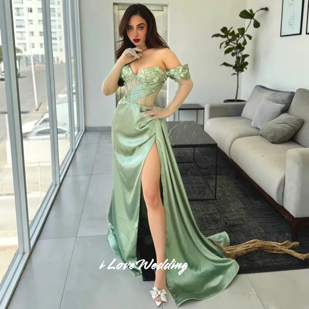 

Green Off Shoulder Evening Dress 2025 Satin Sweetheart Appliques Mermaid Not Include Gloves Corset Split Sweep Train Customized