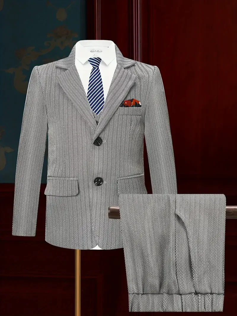 

Boys Gray Striped Jacket Vest Pants Tie 4Pieces Photography Dress Kids Spring Autumn Formal Birthday Wedding Blazer Suit