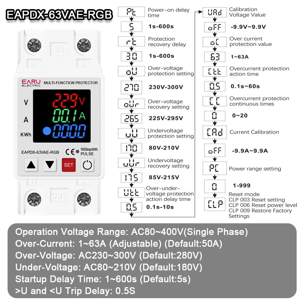 EARU DIN-Schienen-Dual-Display 40A 63A AC 230V Einstellbares Über- und Unterspannungsrelais Schutzgerät mit Überstromschutz – Detail 6
