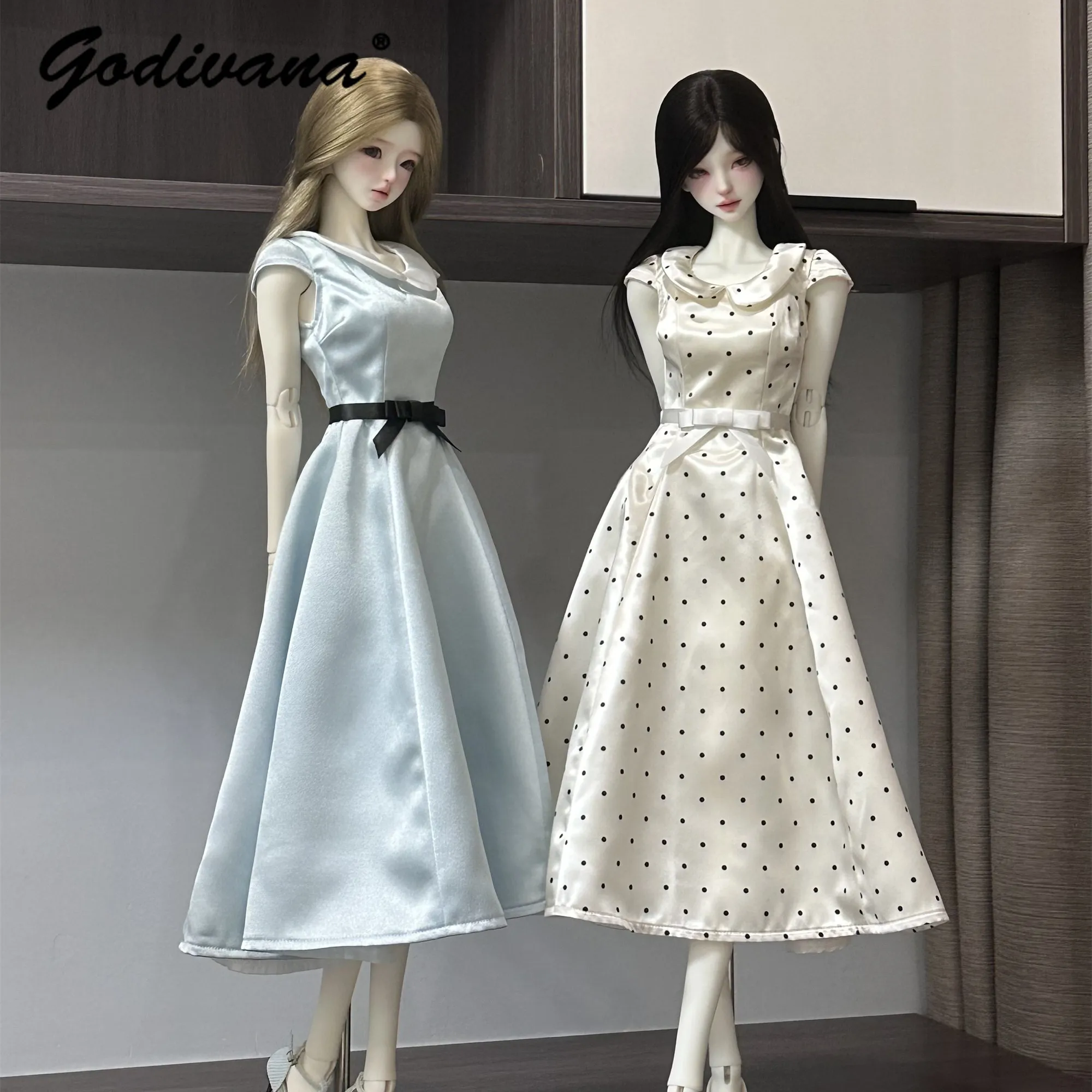 Vestido Midi Elegante de Satén Vintage Clásico para Muñeca BJD, con Cuello Peter Pan, Estampado de Lunares, Sin Mangas y Cinturón con Lazo, para Ropa BJD 1/3