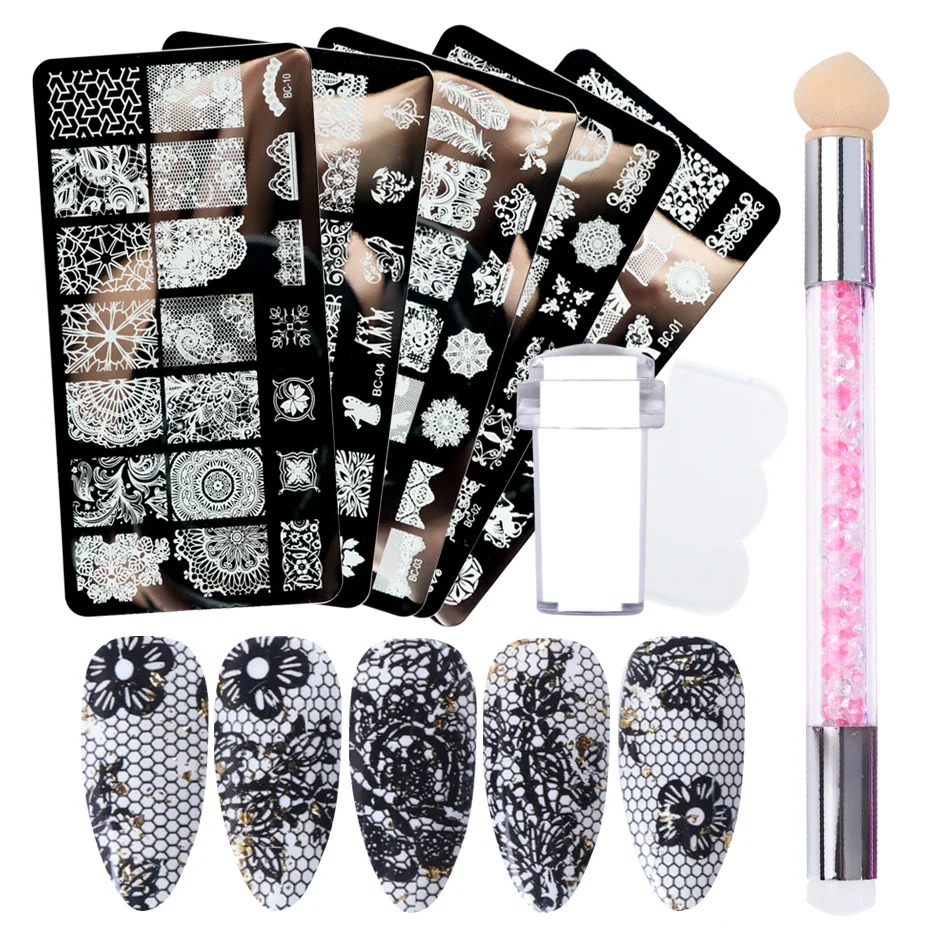 Nail Art Stamping Plate Flower Lace Patterns Image Stencil Stamper Gradient Nail Brush Set Template Tools