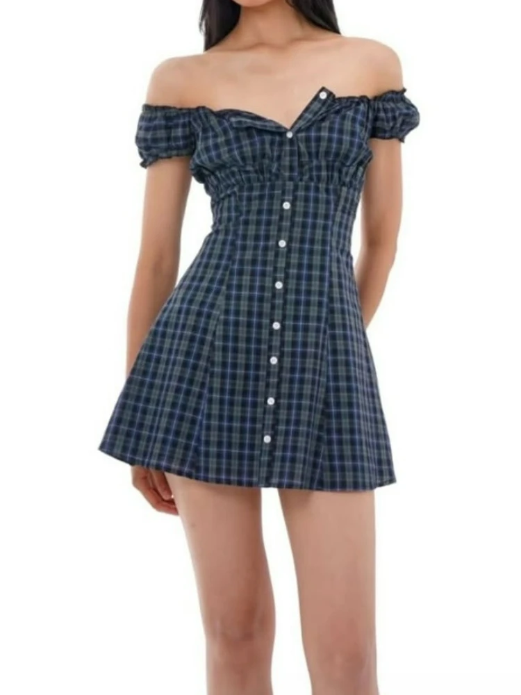 

French Design Off Shoulder Mini Dresse Women Summer Blue Check Plaid 100%Cotton Backless Sexy Party Vocation Casual Ladies Dress