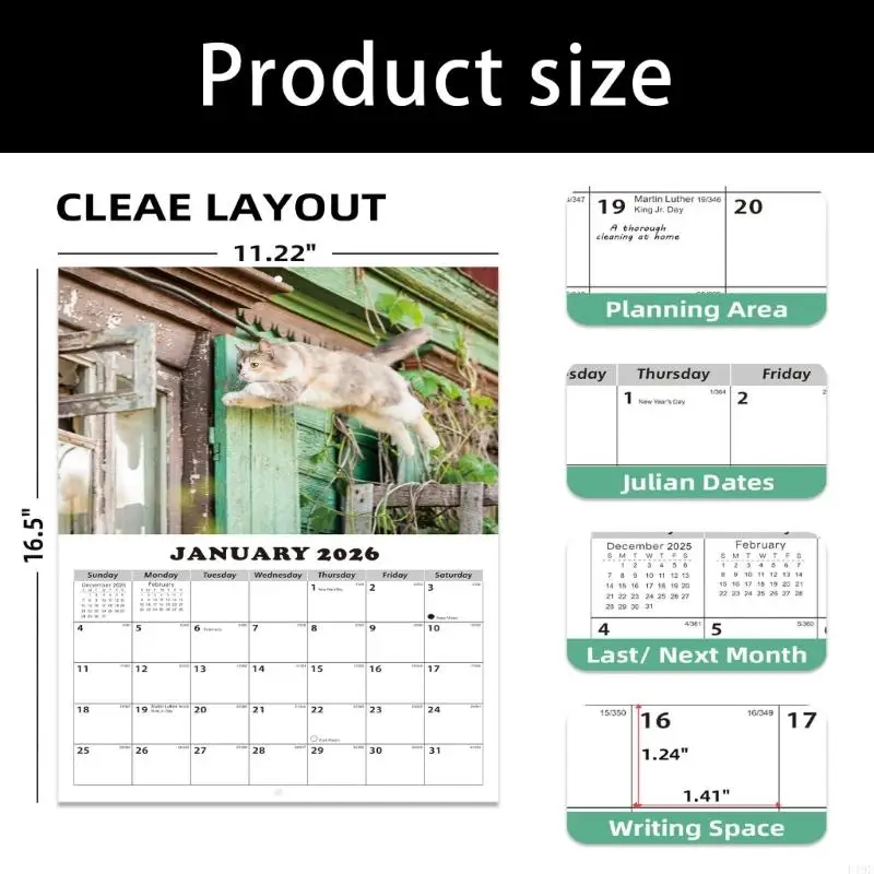 Artistieke Feline Wandkalender 2026 Dik Gerecycled Papier Duidelijke Nummering Praktische Ophanghaak Perfect Voor F19E
