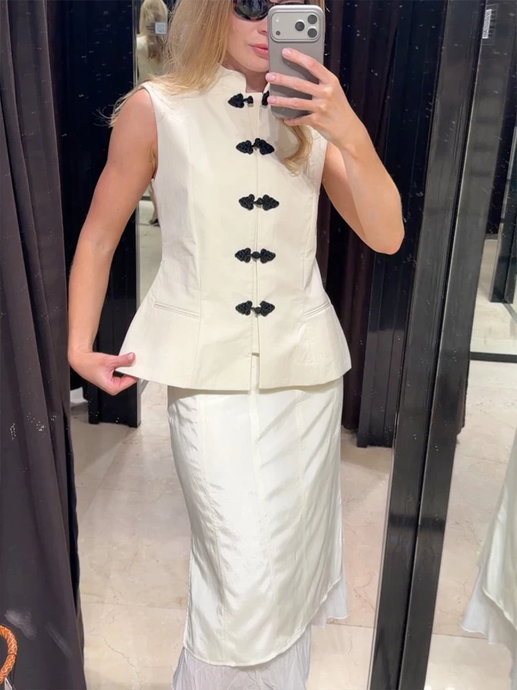 HH Elegant Chinese Frog Button Vest Mandarin Collar Slim Fit Waistcoat Spring Fall  Retro Street Festival  Casual Daily Outfit