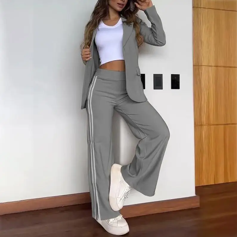 Women’s Two Piece Outfits Blazer Jacket Fall Winter Casual Notched Lapel Blazer and Wide Leg Pants Suit Set Pockets