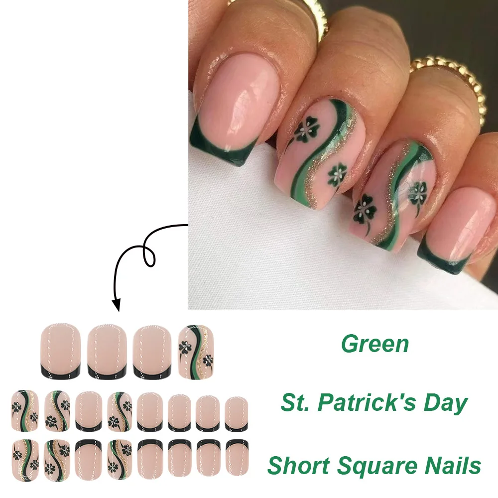 24pcs Glitter False Nails Women Short Square Ready-made Artificial Fake Nails Clover Glued Press on Nails Prosthetic Nail Set