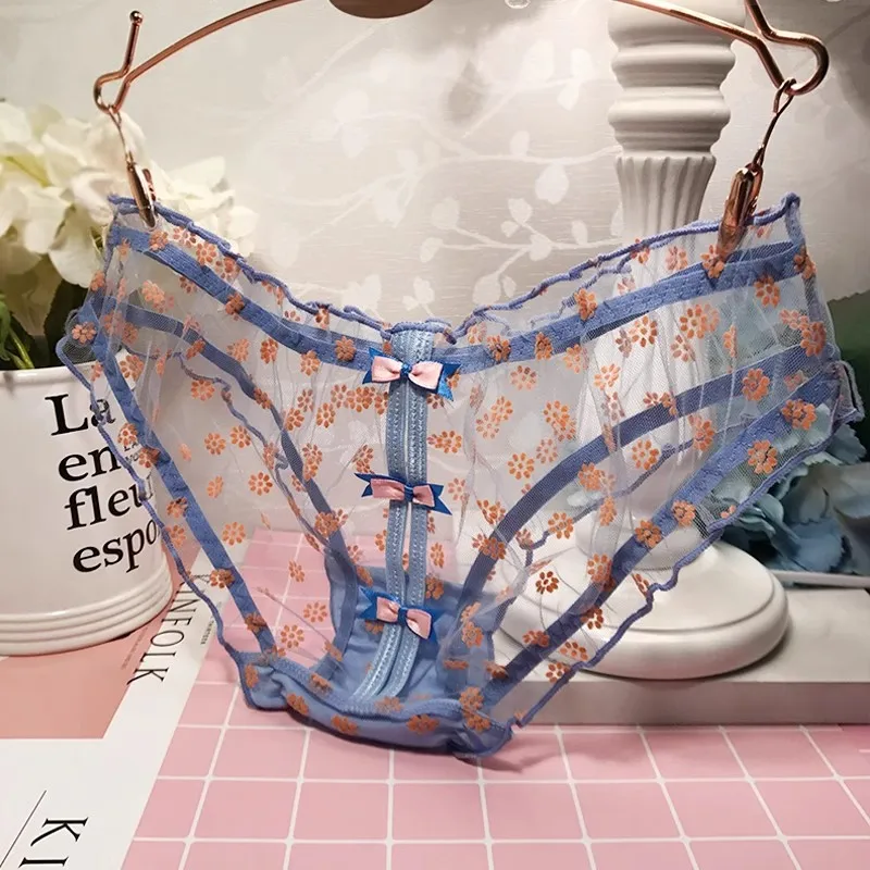 

Girl sweet cute bow transparent pleated mesh lace sexy hollow panties women's middle waist