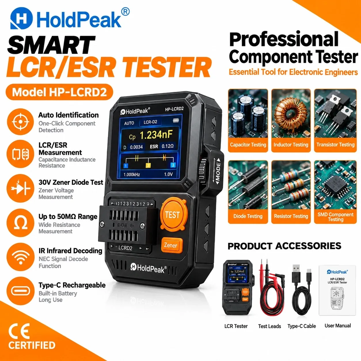 HJoldPeak LCR-D2 Multifunction Transistor Tester LCR ESR Meter Diode Zener IR Decoding SMD 1.77