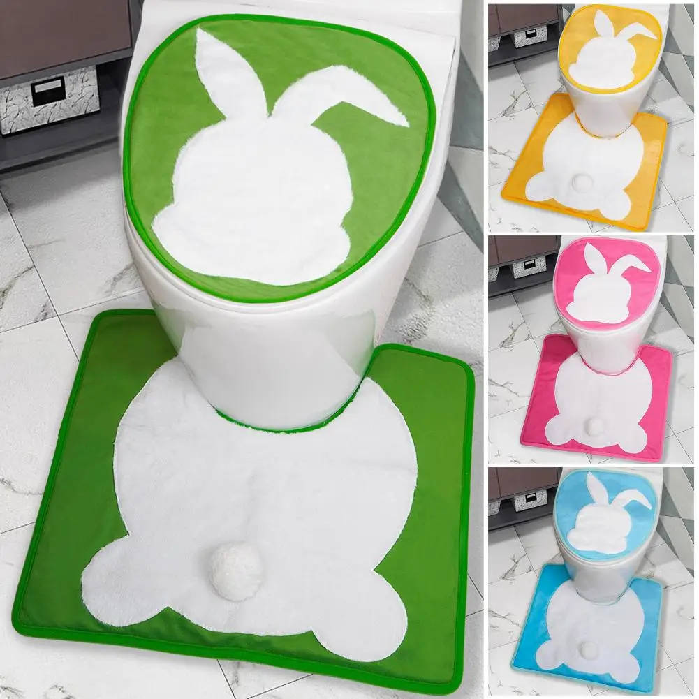 2Pcs/Set Easter Bunny Bathroom Mat Set Quick Drying Washable Bathroom Rug Non-Slip Toilet Cover Set Festive Easter Decor