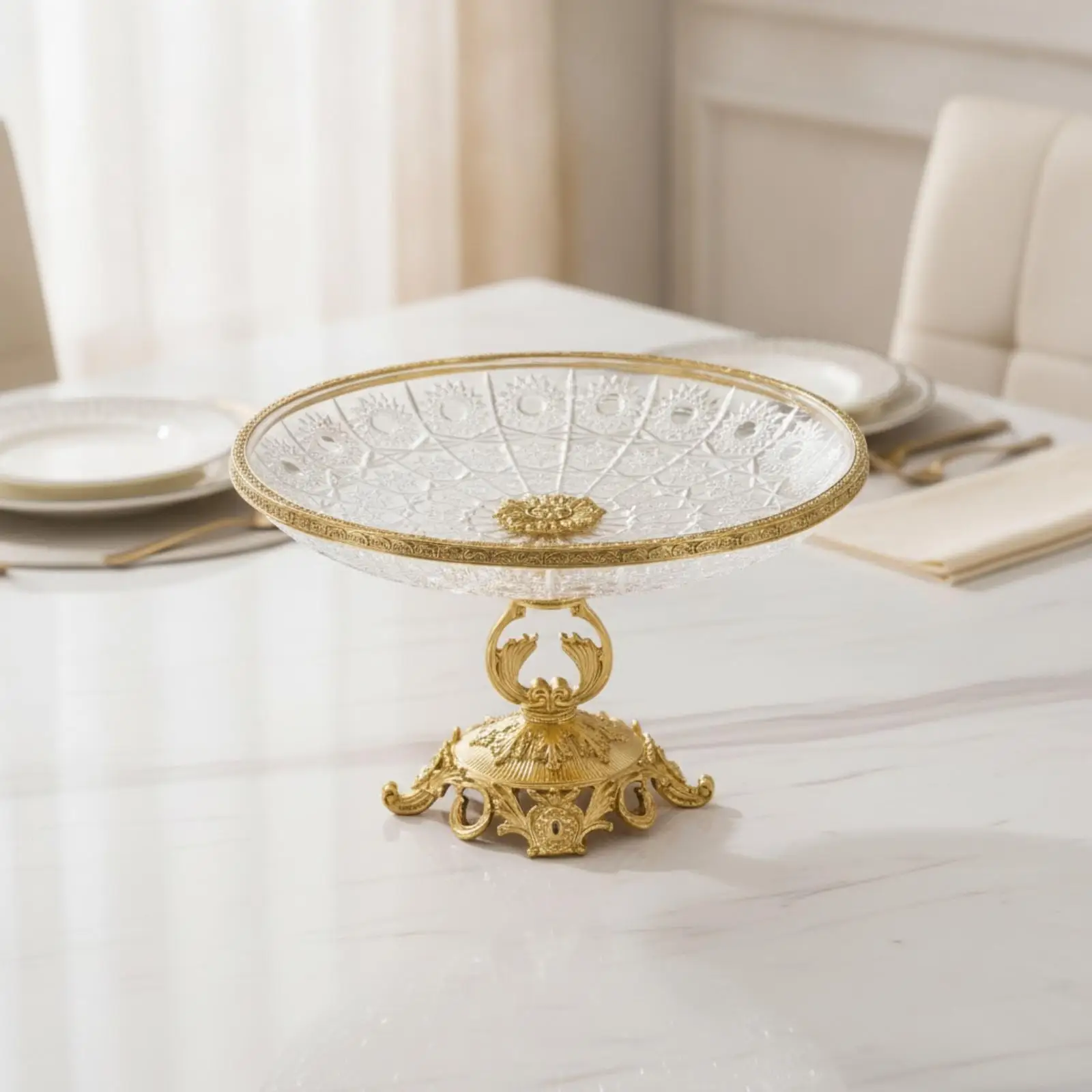 Round Glass Fruit Tray for Dining Room Centerpiece with Vintage Gold Steel Stand