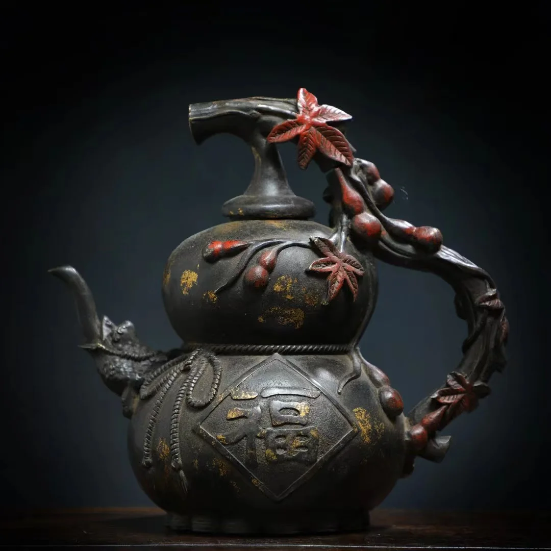 Old Qing Dyansty copper Old copper hand-made teapot,Gourd,Decoration,collection &Adornment,Free shipping