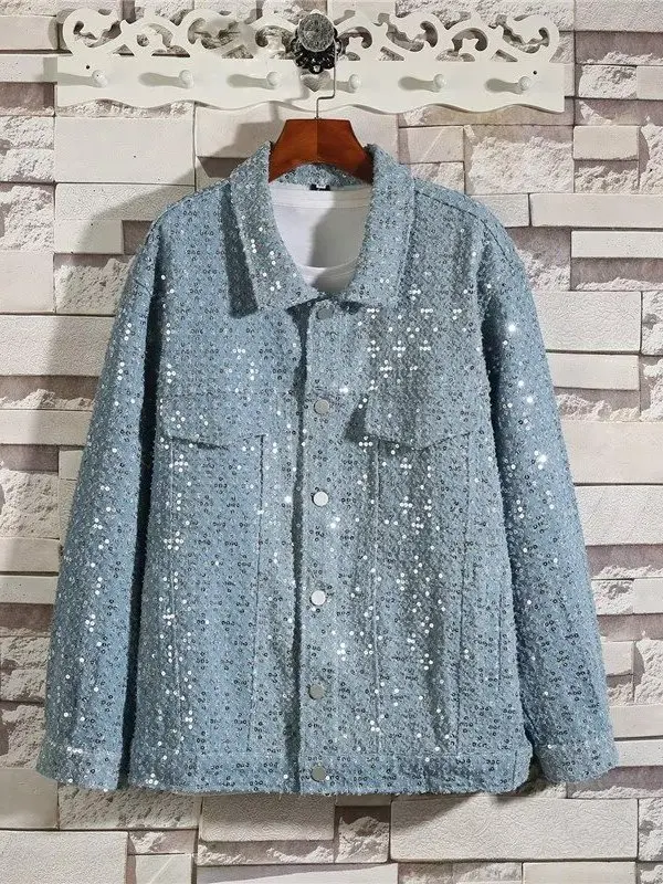 

Корейский джинсовый джинсовый джинсовый джинсовый джинс с пайетками, весенне-осенний отложной воротник, модная верхняя одежда, топ