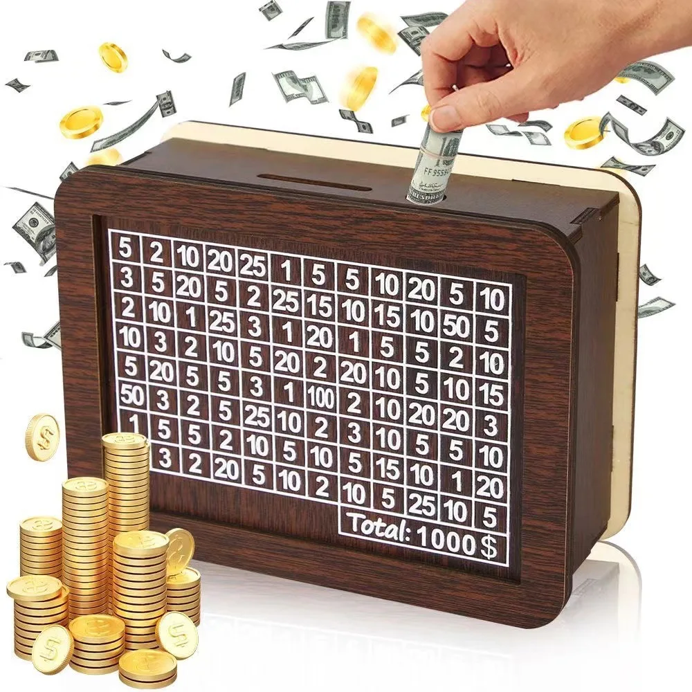 1000/3000/5000/10000 Euro Money Box Wooden Money Box Reusable with Savings Target and Number Box Home Decoration