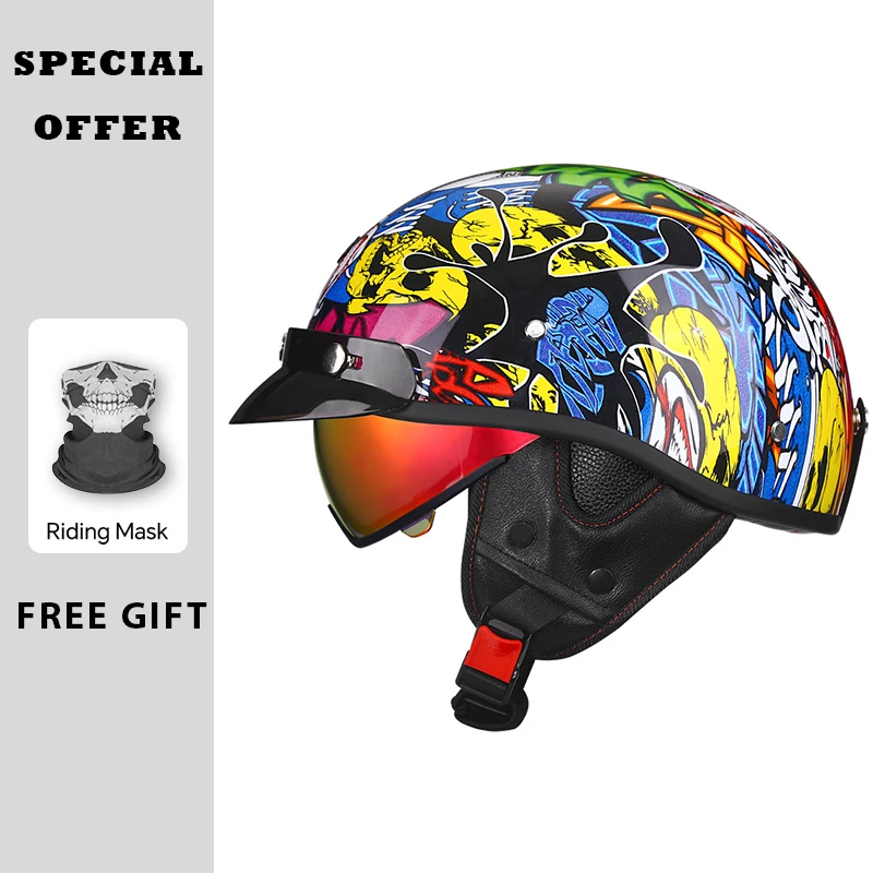 

Half Face Helmet Motorcycle Helmets Built in HD Visor DOT Approved Vintage Retro 1/2 Open Half Helmet with Inner Lens