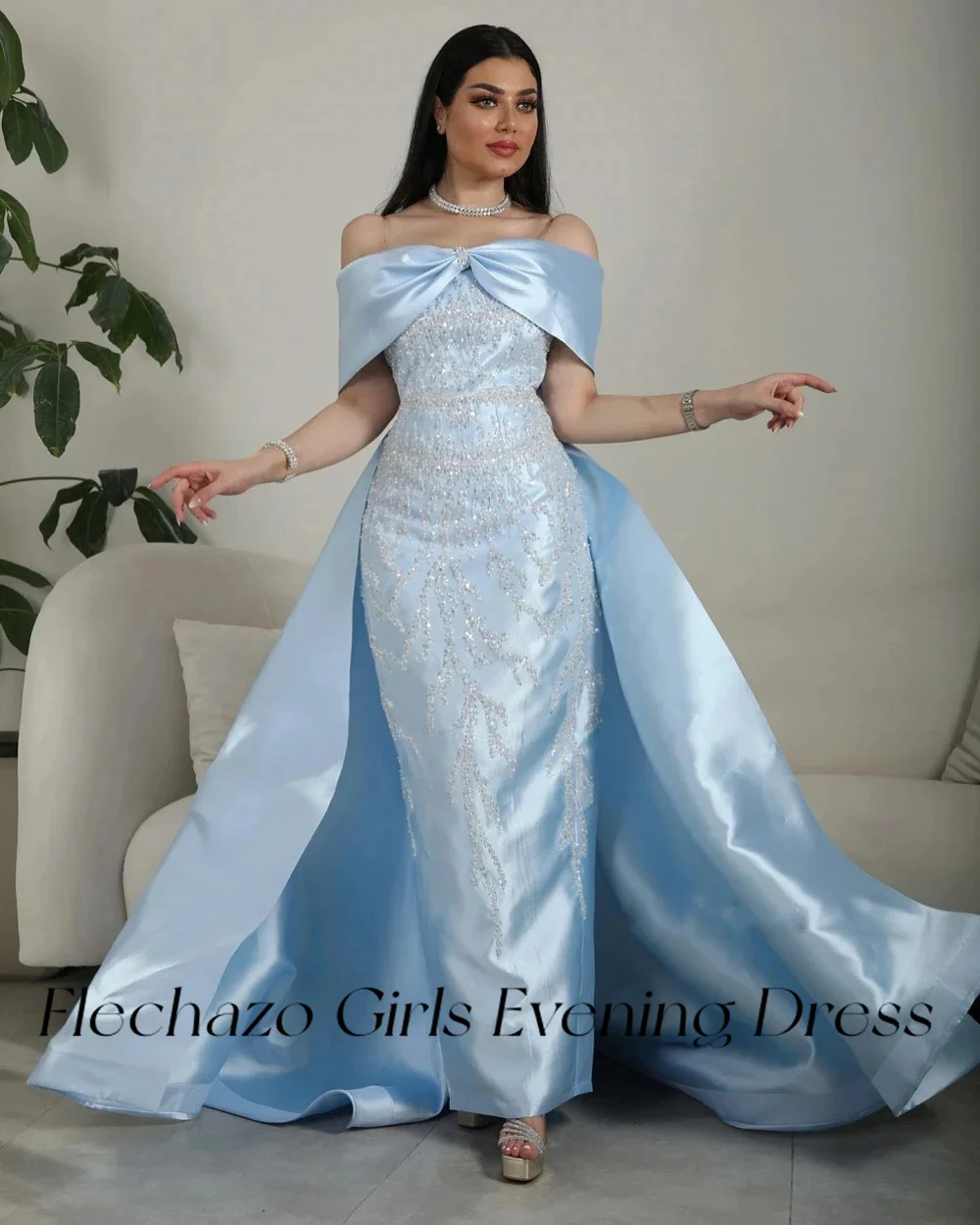 Flechazo Sky Blue Satin Prom Dresses Off Shoulder Beads Floor-length Formal Occasion Party Dress For Women 2024 vestidos de gala