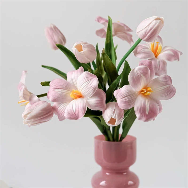 Hand Feel Artificial Flower Opening Tulip PU High-End Wedding Decoration Ornaments Home Bright Colors Fake Flowers Wholesale