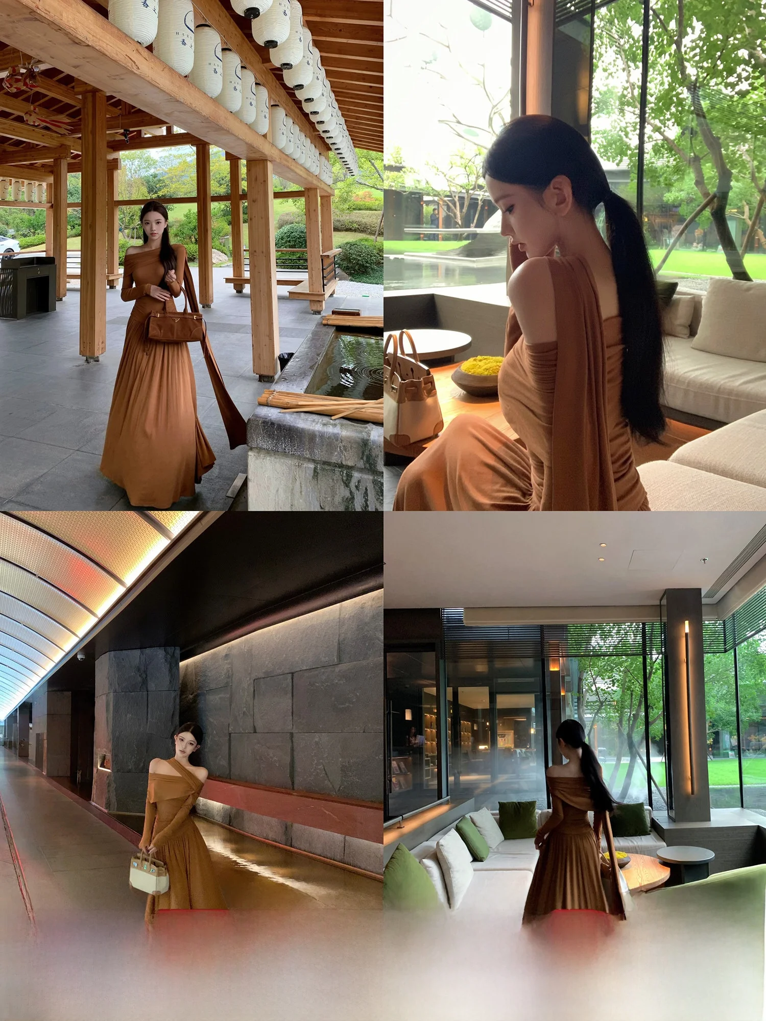 

JAYKY YANG Autumn Le Falling oulder Bowed Waist Knitted Dr Brown Versatile Large Skirt Casual Long Sve Slim Fit