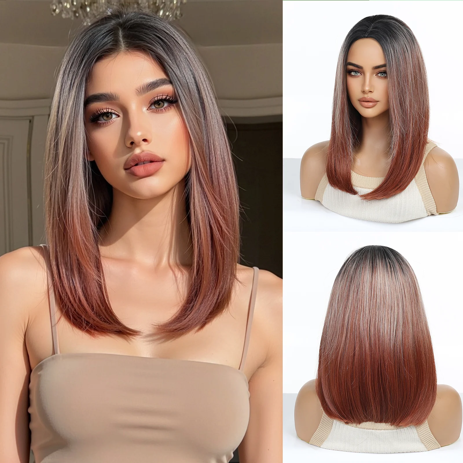 

Синтетический парик от платины до оранжевого цвета, средней длины, прямая средняя часть, волосы с темными корнями для женщин, повседневный косплей, термостойкое волокно