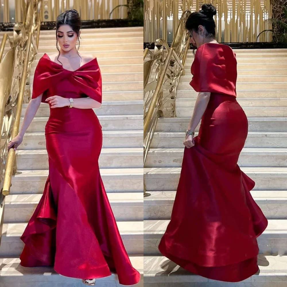 Satin Pleat Cocktail Party Trumpet Off-the-shoulder Bespoke Occasion  Floor Length Saudi Arabia Prom Dresses