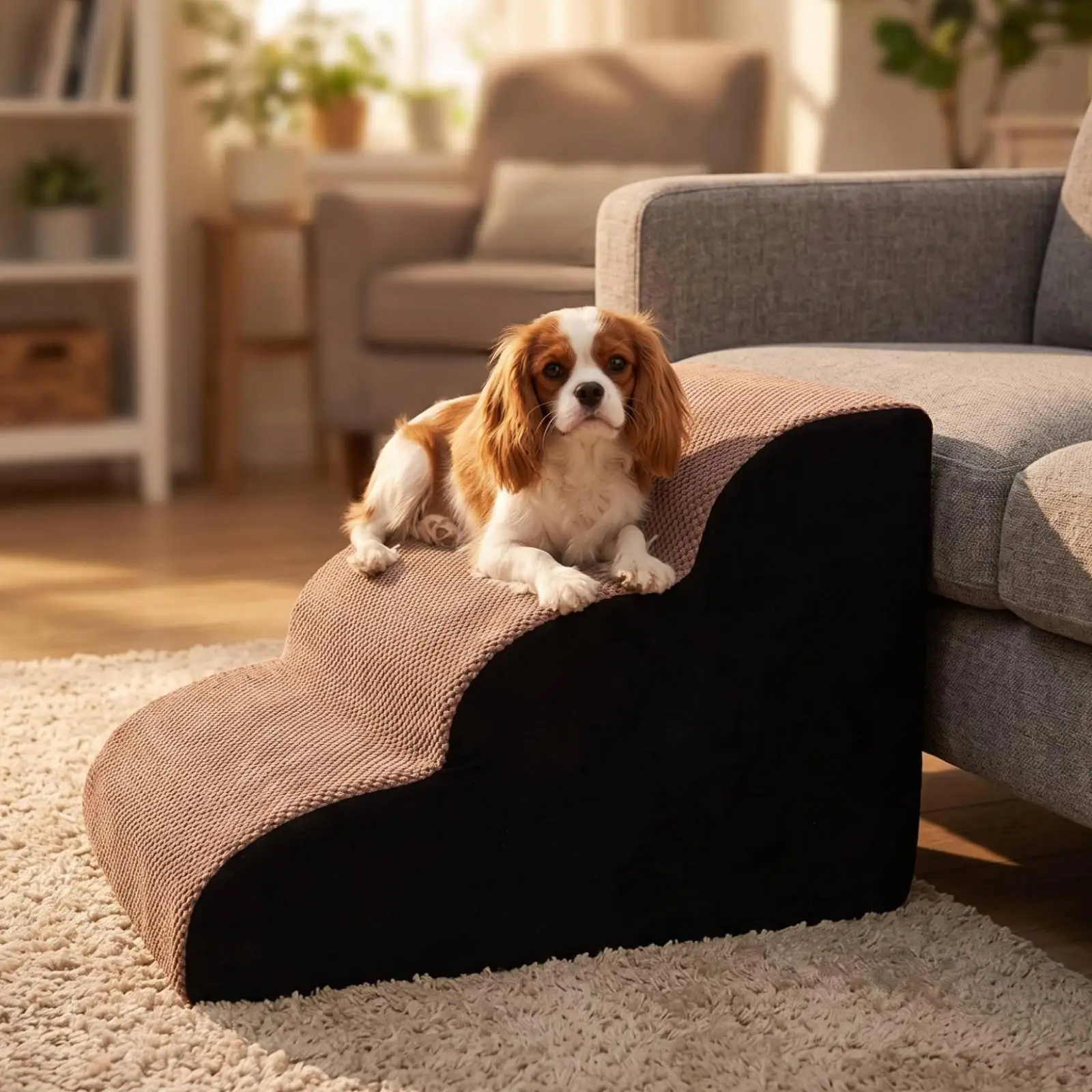 高床用犬用階段-50cm-フォーム製ペット用スロープ-フリースカバー付き-高齢犬や小型子犬に最適-関節に優しい
