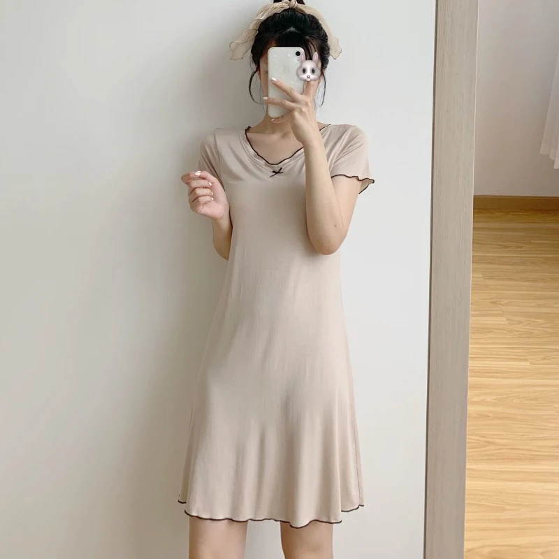 Nightgowns Women Summer Casual Panelled Sleepwear All-match Korean Style Girlish Nightdress Short Sleeve Youths Loose Home Chic