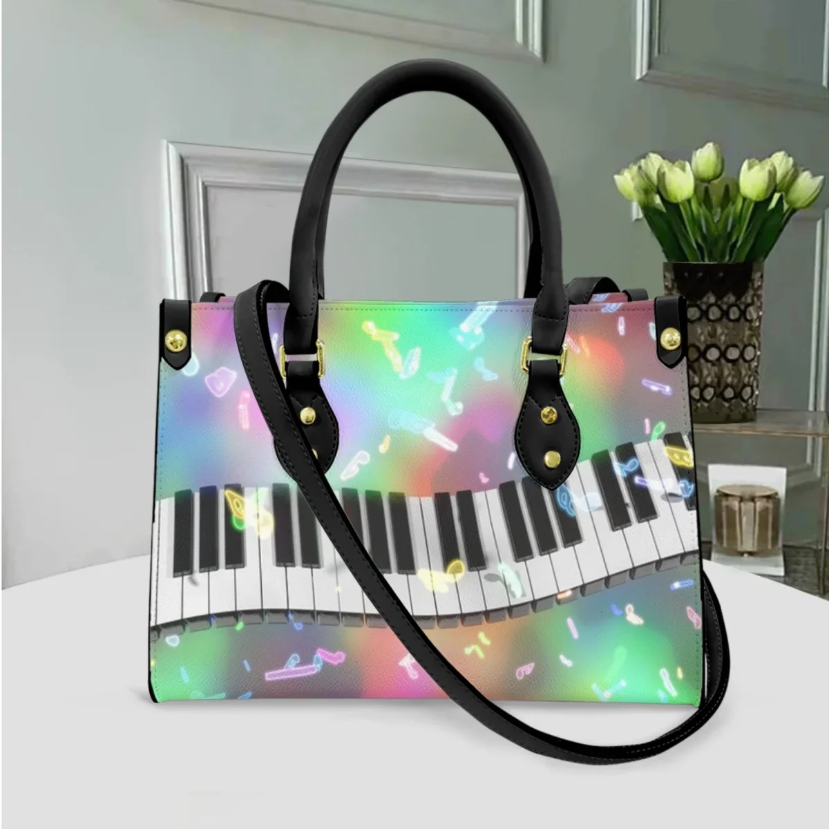 Colorful Piano Notes Printing PU Leather Messenger Bag Outdoor Trendy Tote Bags Music Style Top-handle Handbag Carteras Mujer