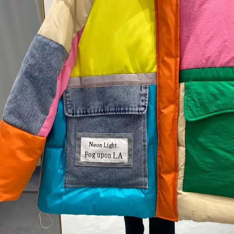 Jaqueta jeans oversize emendada para mulheres, bolsos grandes, casaco de inverno, zíper, retalhos, jaqueta puffer, à prova de vento, grossa, alta qualidade