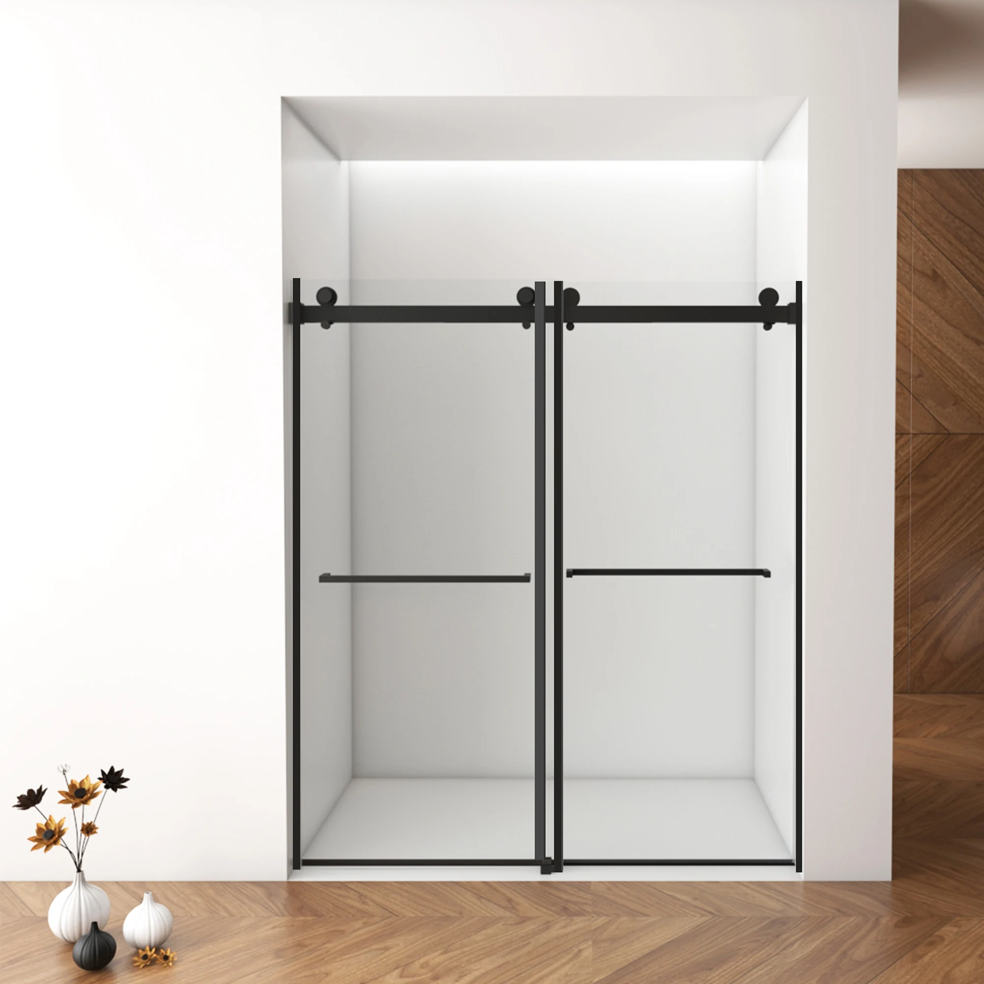 56- 60inch Width X 70inch High Frameless Sliding Shower Door, Glass Door with 5/ 16inch (8 mm) Transparent 3C Tempered Glass, Clamping Process, Stainless Steel Hardware, Matte Black