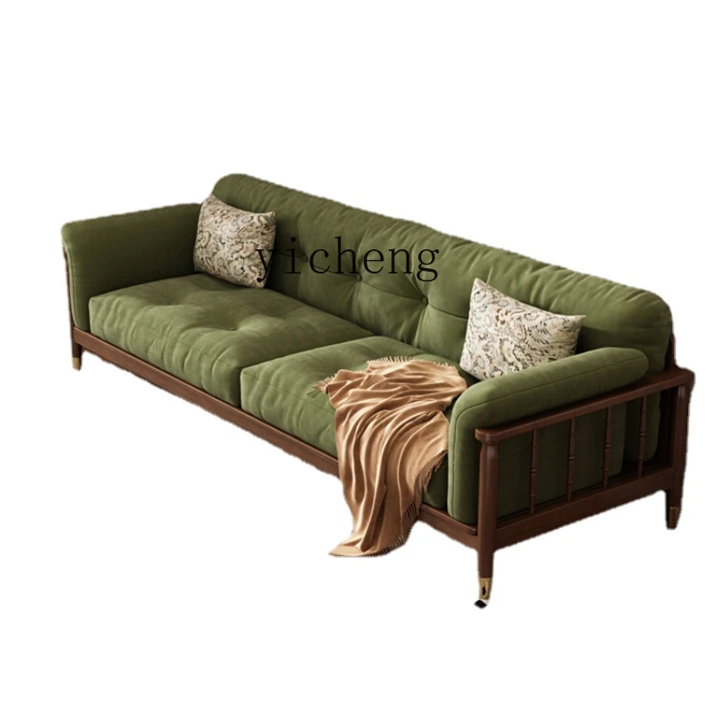 

Zk Solid Wood Sofa Living Room Walnut Color Three-Seat Wood Winter and Summer Dual-Use Fabric Sofa