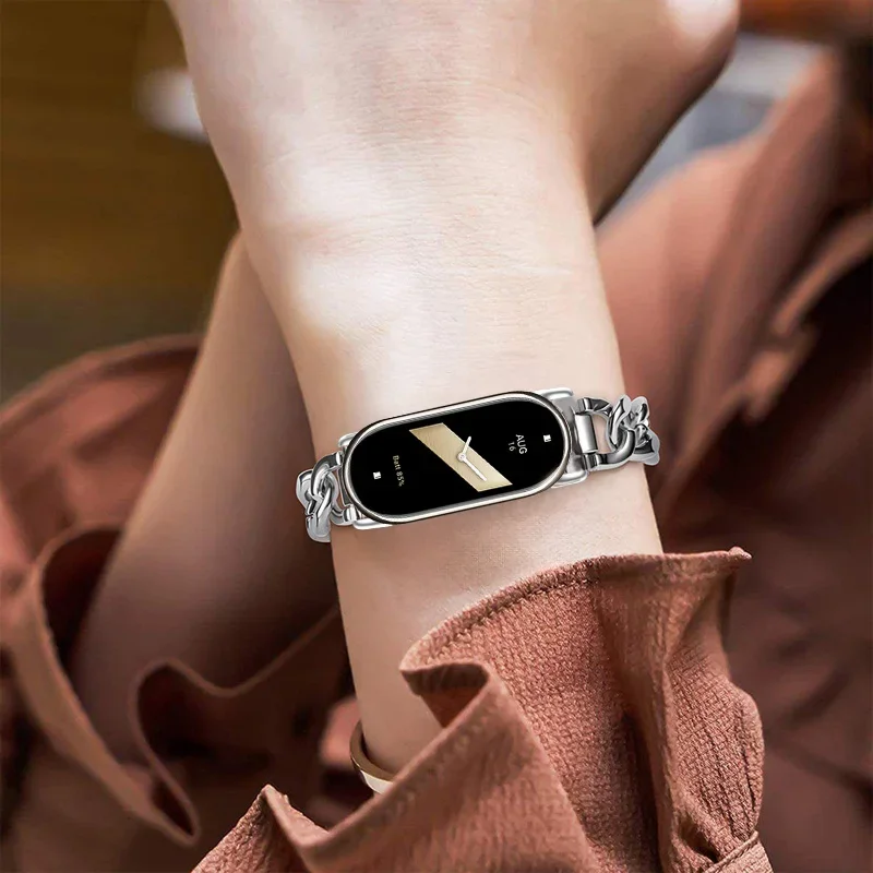 Novo aplicável a mi band 8 9 correias pulseira moda único-lap corrente de metal esporte feminino pulseira inteligente acessórios de substituição