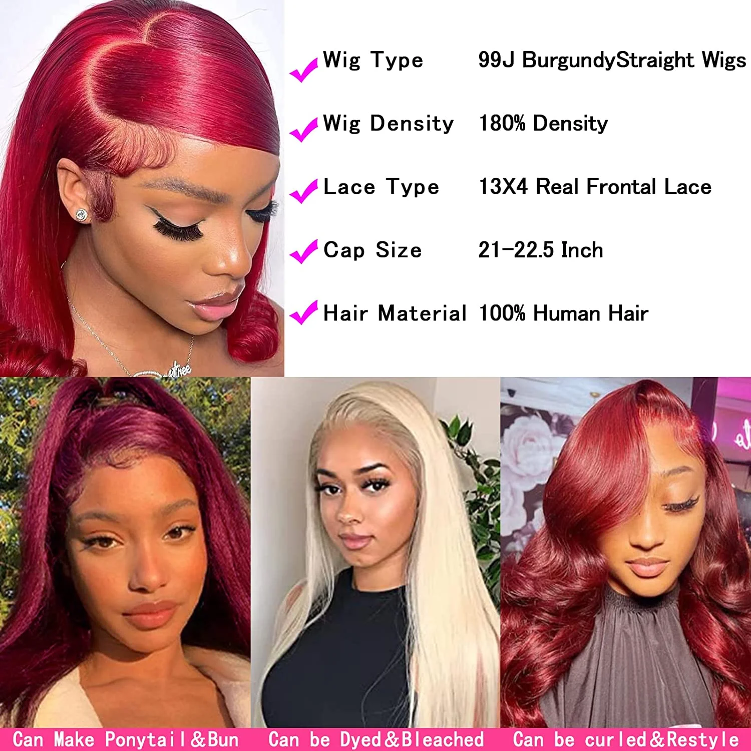 Perruque Full Lace Front Wig naturelle Remy lisse-bordeaux, cheveux humains, 99J, 13x6, perruque Lace Front Wig transparente