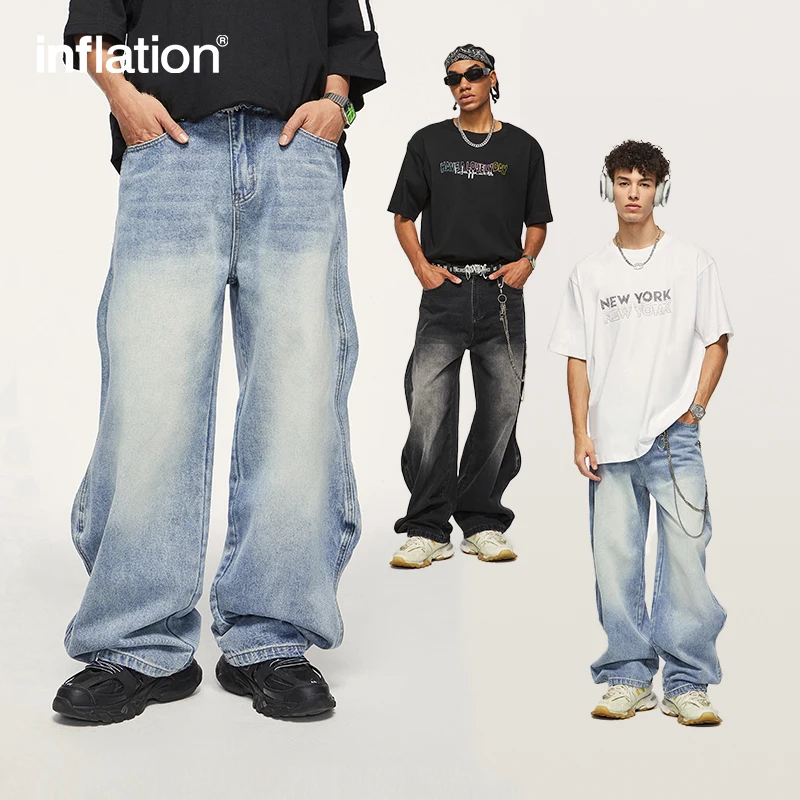 

INFLATION Brand Baggy Wide Leg Boyfriend Jeans Unisex Vintage Washed Blue Denim Trousers Male Pants Plus Size