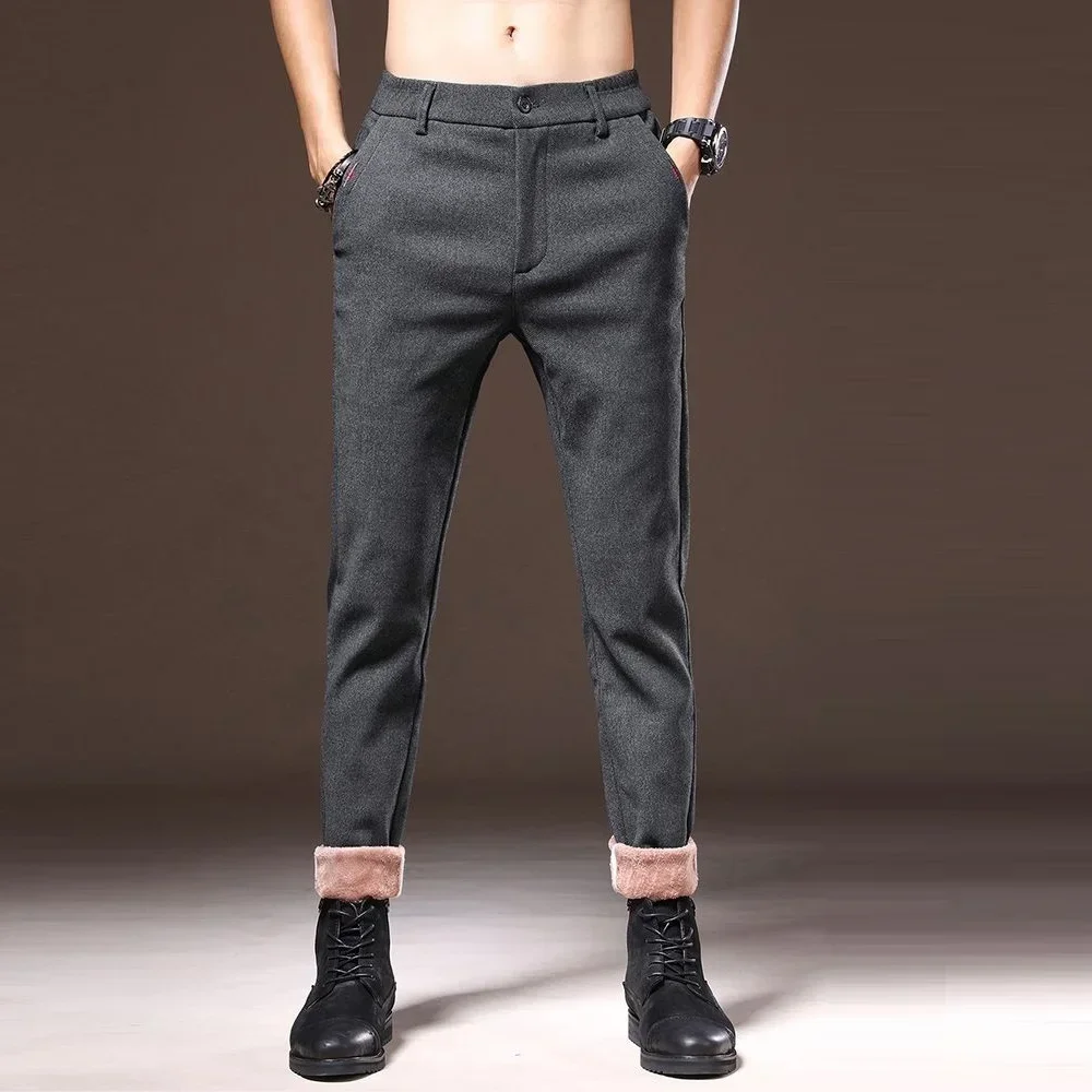 Winter Pants Men Warm Elastic Waist Thick Brushed Fleece Lined Work Casual Trouser Male Formal Office Slim Business Dress Plush