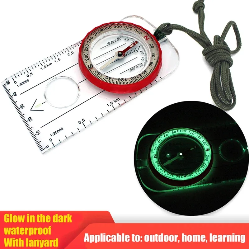 Brújula todoterreno direccional, cuerda colgante, esfera impermeable, pantalla iluminada, lupa, escala de mapas, brújula para acampar