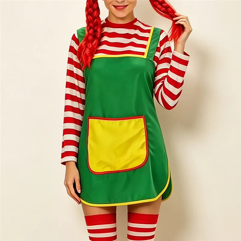 Vestido Mini de Manga Larga a Rayas para Mujer, Disfraz de Navidad, Disfraz de Personaje de Película, Disfraz de Elfo de Halloween