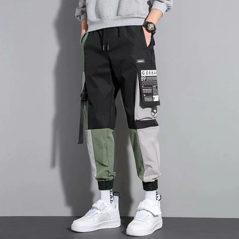 

Male Trousers Slim Stacked Men's Cargo Pants Spliced Autumn Long Fashion Street Clothing Cotton Casual Techwear Korean Style Emo